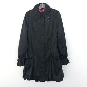 Betsy Johnson Satin Ruffle Bubble Hem Dress Coat in Matte Black